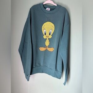 Vintage 90s Jerzees L 12-14 Kids Unisex Tweety Bird Cross Stitch Green Turquoise